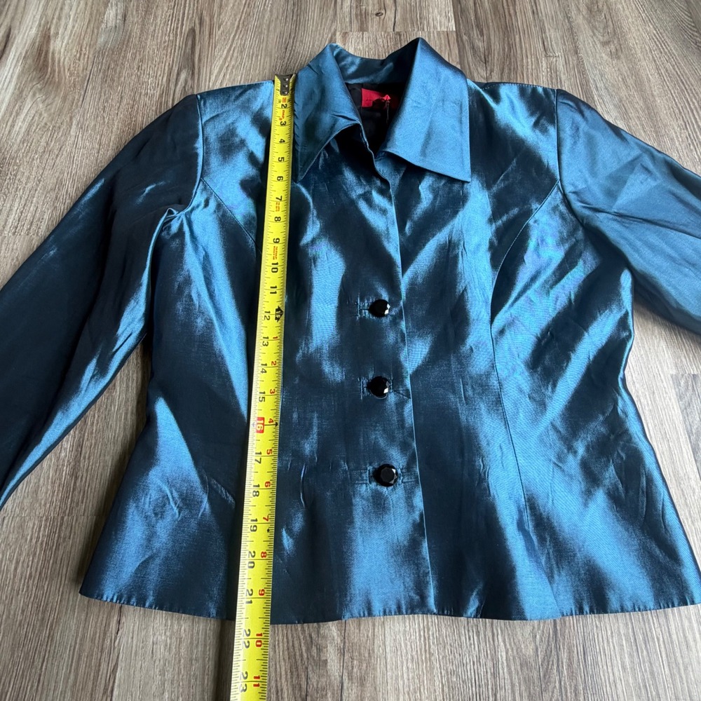 Vintage Teal Blue Iridescent Metallic Evening Jacket Shimmer Blazer Size 10 - Picture 4 of 6